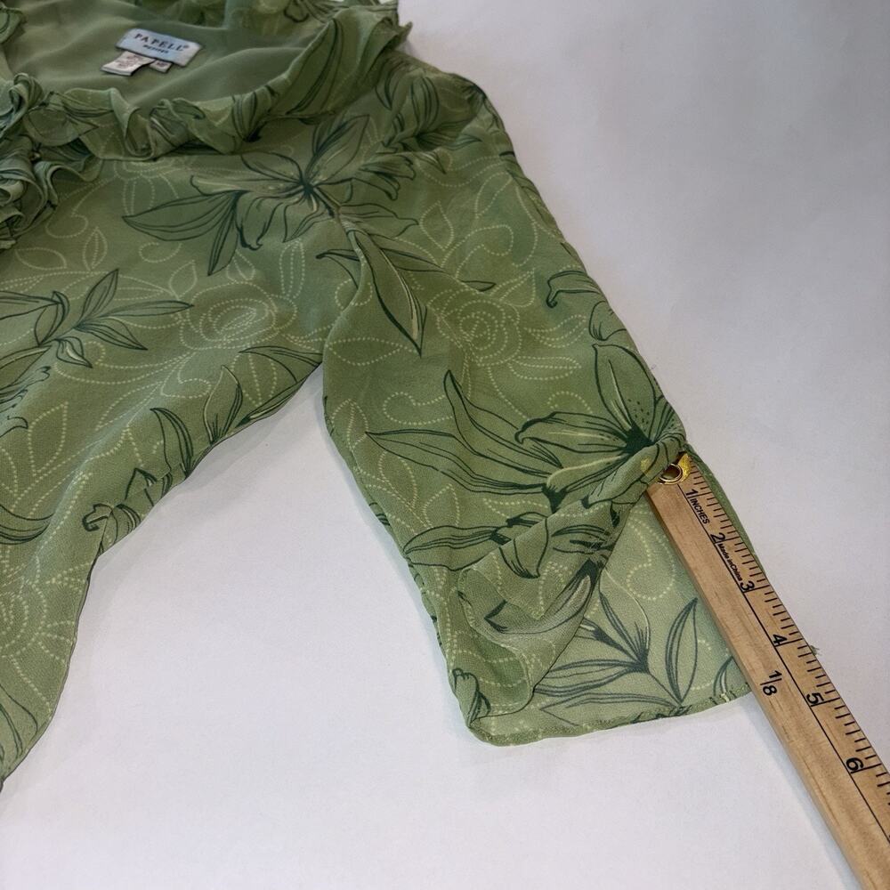 Papell Petites Silk Sage Green Flower Ruffle Blouse Boho Romantic Fairy Sheer - Picture 9 of 10